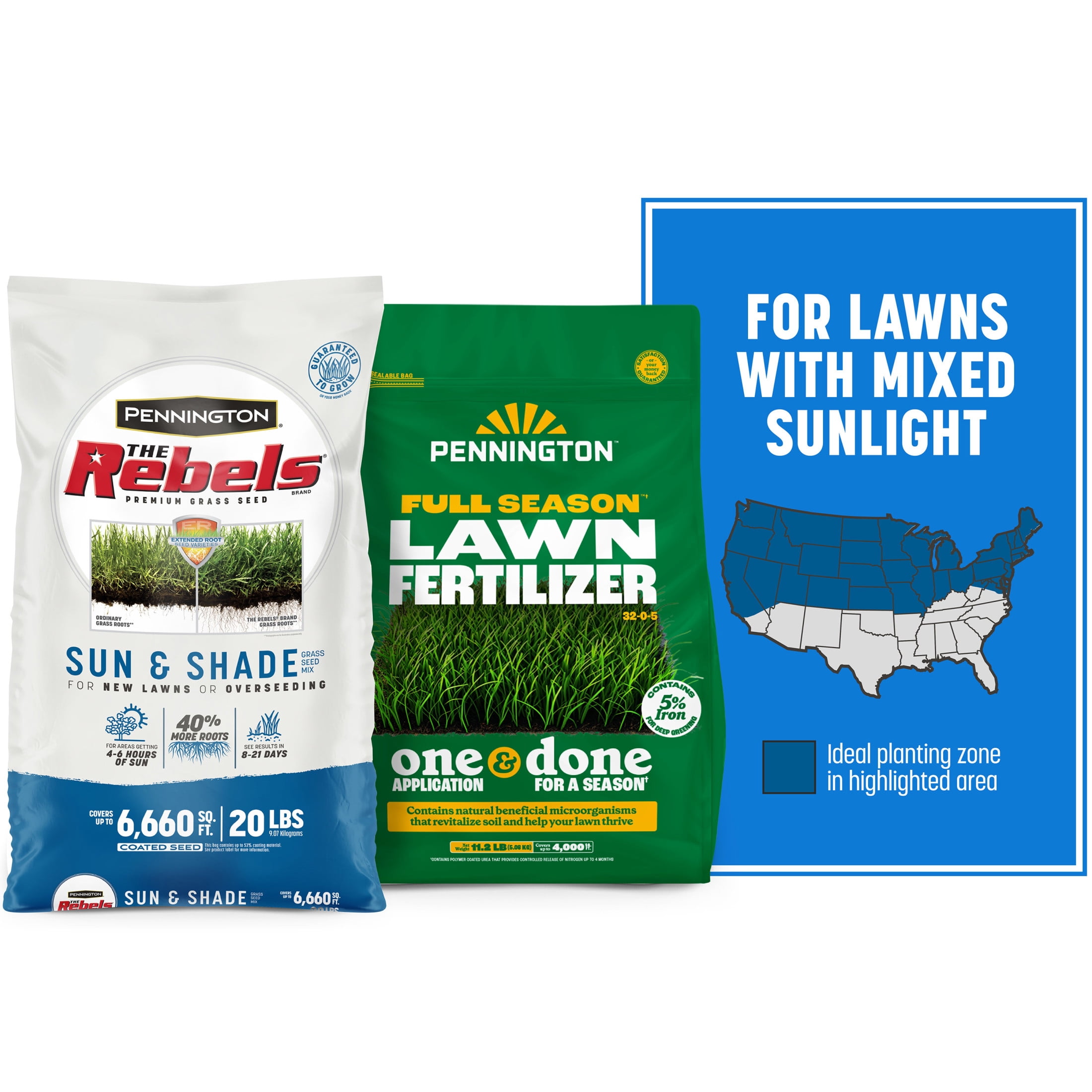 Pennington 20lb Rebels Sun & Shade & 11.2lb Full Season Lawn Fertilizer Bundle 20 Pounds
