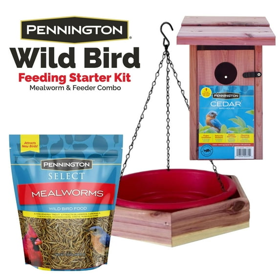 Pennington Bluebird Birdhouse, Cedar Tray Bird Feeder Birdbath, 17. 6 oz Mealworm, Starter Bundle