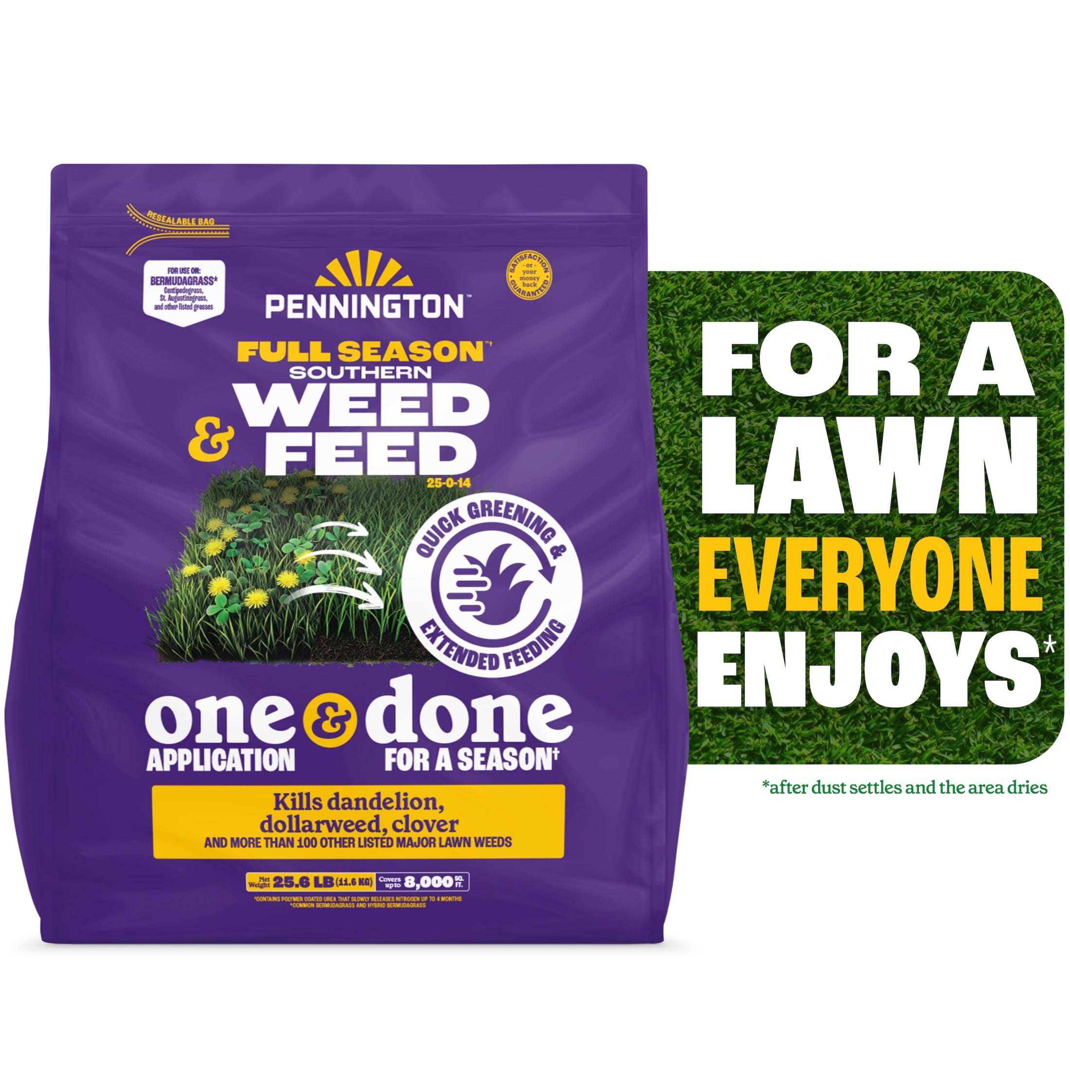 Pennington Full Season Southern Weed and Feed Lawn Fertilizer with Crabgrass Control, 25-0-14, 25.6 lb., 8M Coverage