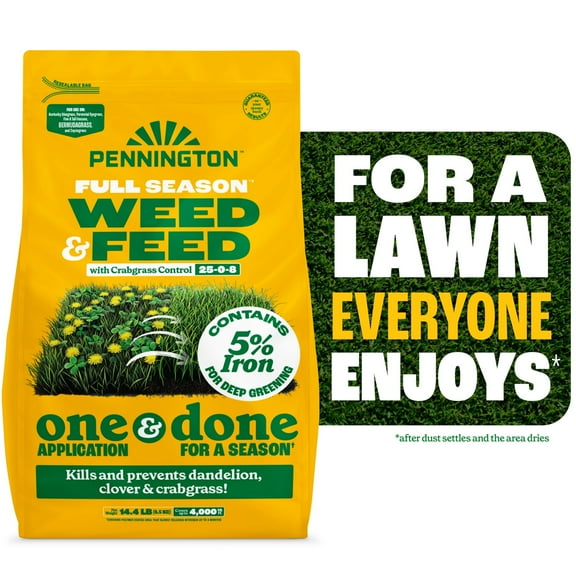 Pennington Full Season Weed and Feed Plus Crabgrass Control Lawn Food 25-0-8 Fertilizer, 14.4 lbs., Covers 4,000 sq. ft.