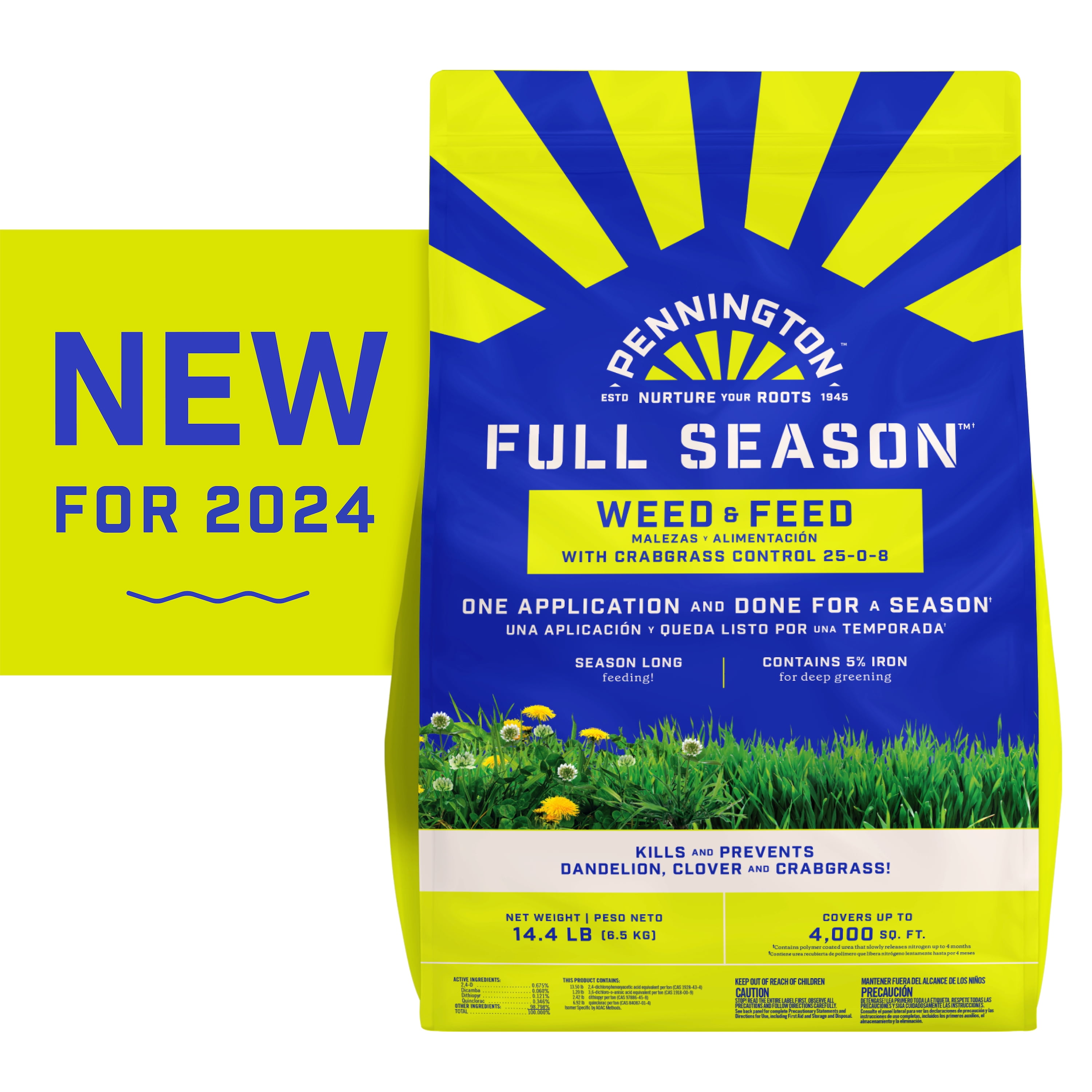 Pennington Full Season Weed and Feed Plus Crabgrass Control Lawn Food 25-0-8 Fertilizer, 14.4 lbs., Covers 4,000 sq. ft
