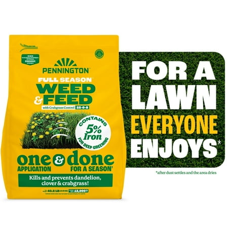Pennington Full Season Weed and Feed Plus Crabgrass Control Lawn Food 25-0-8 Fertilizer, 43.2lbs, Covers 12,000 sq. ft.
