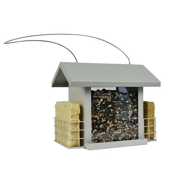 Pennington Gray Metal Hopper Dry Wild Bird Seed Kit, with Feed and Suet, 1 Unit 10.6" x 6.8" x 9.1"