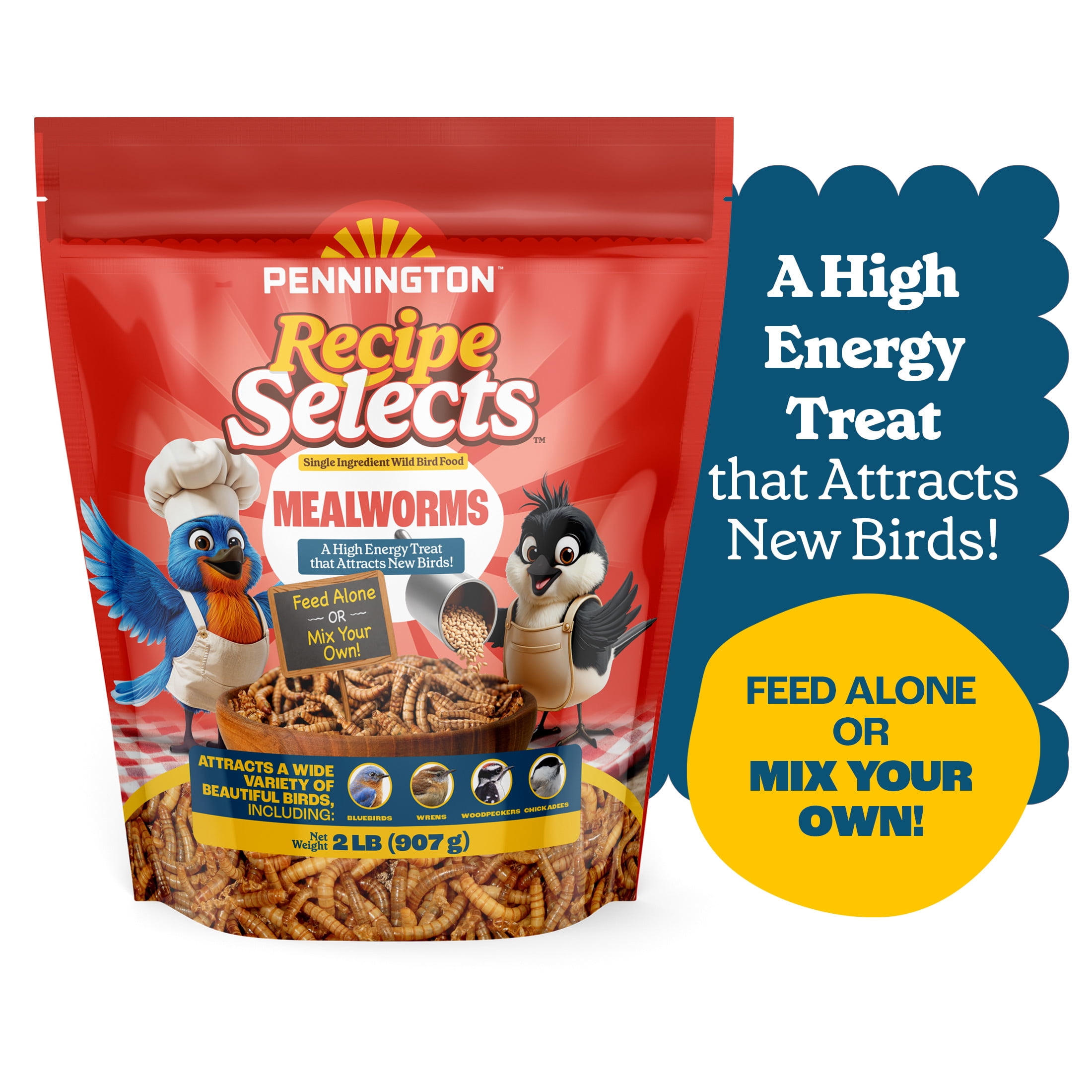 Pennington Recipe Selects Dried Mealworms for Birds, Bluebird and Wild Bird Food for Outside Feeder, 2 lb. Bag, 1 Pack