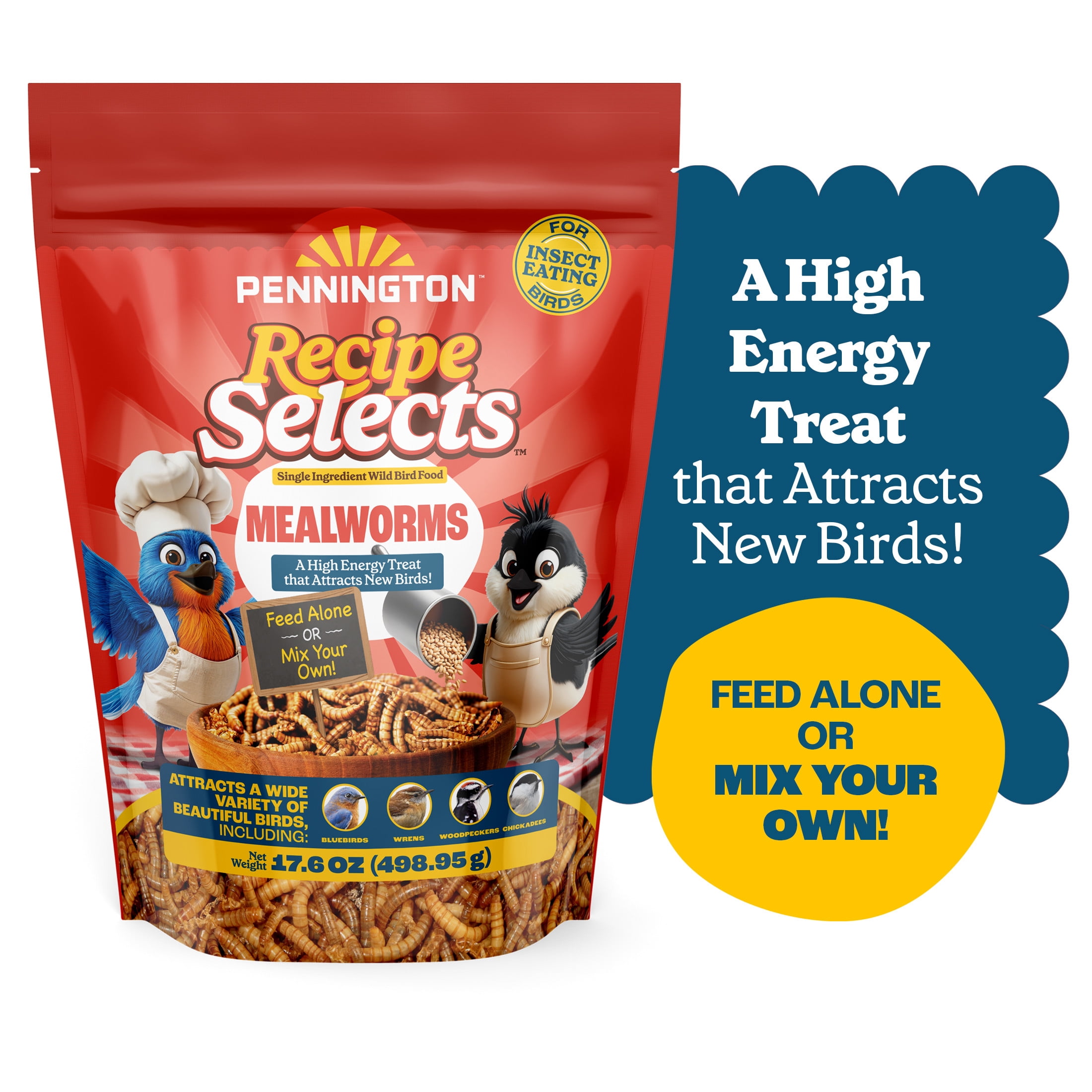Pennington Recipe Selects Dried Mealworms for Birds, Bluebird and Wild Bird Food for Outside Feeder, 17.6 oz Bag, 1 Pack