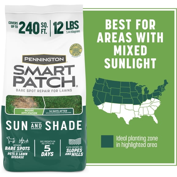 Pennington Smart Patch Sun and Shade Grass Seed Mix, for Sun to Partial Shade, 12 lb. Bonus Size