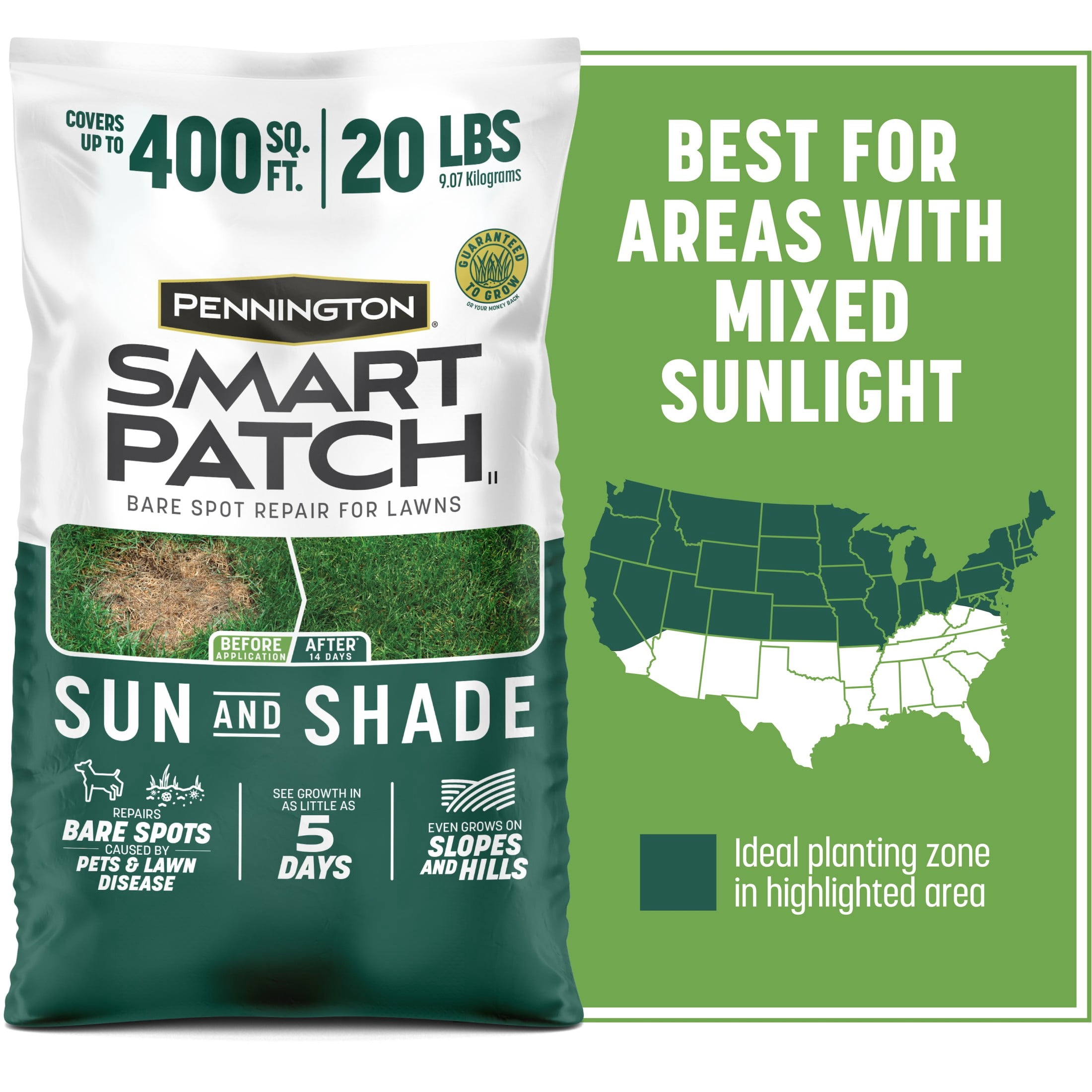 Pennington Smart Patch Sun and Shade Grass Seed Mix, for Sun to Partial Shade, 20 lb. New Bag