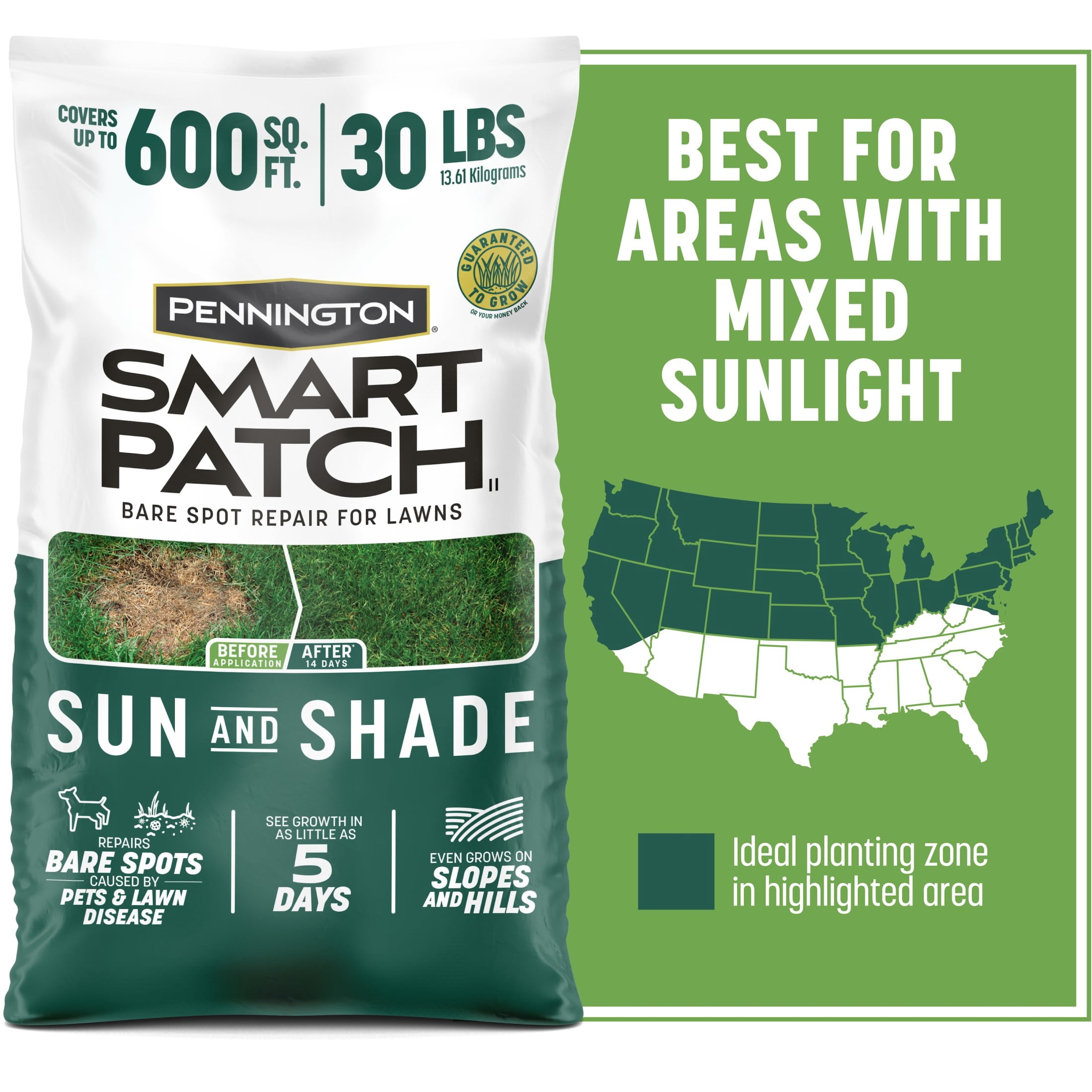Pennington Smart Patch Sun and Shade Grass Seed Mix, for Sun to Partial Shade, 30 lb.