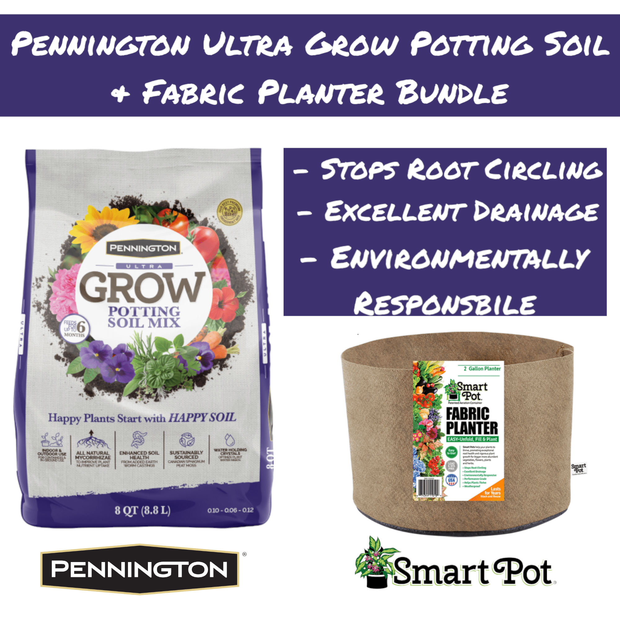 Pennington Ultra Grow Potting Soil & 2 Gallon Fabric Planter, 8 Qt. Bundle