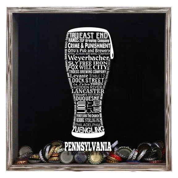 Torched Pennsylvania Beer Cap Shadow Box Wall Mount Decor 13"x13"x3" Gray