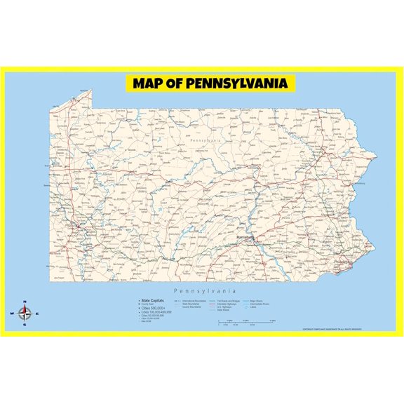 Pennsylvania Map Poster - Laminated Wall Map - Style B - 36x60 - Ideal for Classrooms and Homes – Features Bright Colors and Vivid Imagery