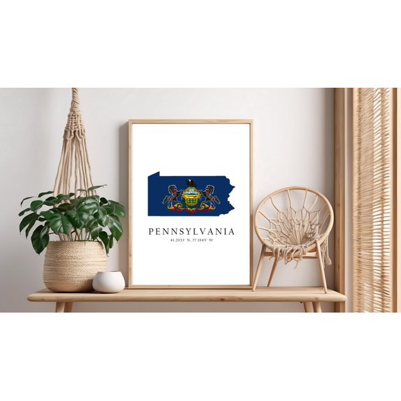 Pennsylvania Map State Flag Latitude Longitude Coordinates Decorative Wall Art Poster , Poster Print Only