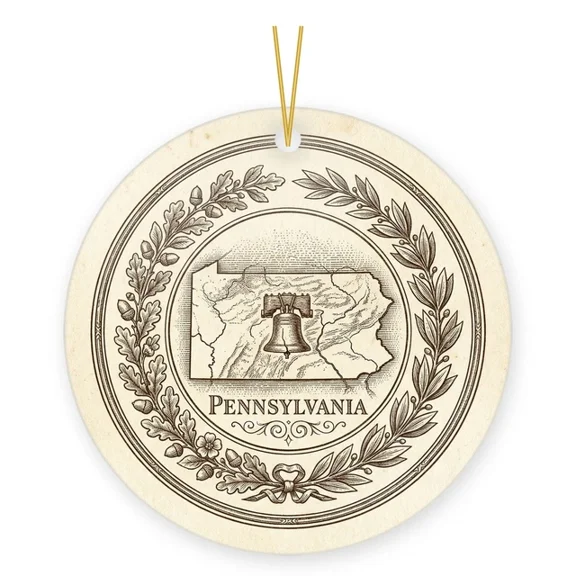 Pennsylvania Native Blueprint State Outline Liberty Bell Christmas 2D FLAT CIRCLE Ceramic Ornament