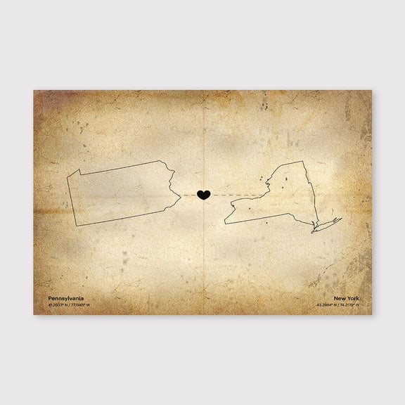 Pennsylvania to New York State Connection Map Print Canvas Wall Art 8x12 inch -Pennsylvania to New York State Connection Map Print Rustic Neutral Canvas Decor for Modern Farmhouse Living Room