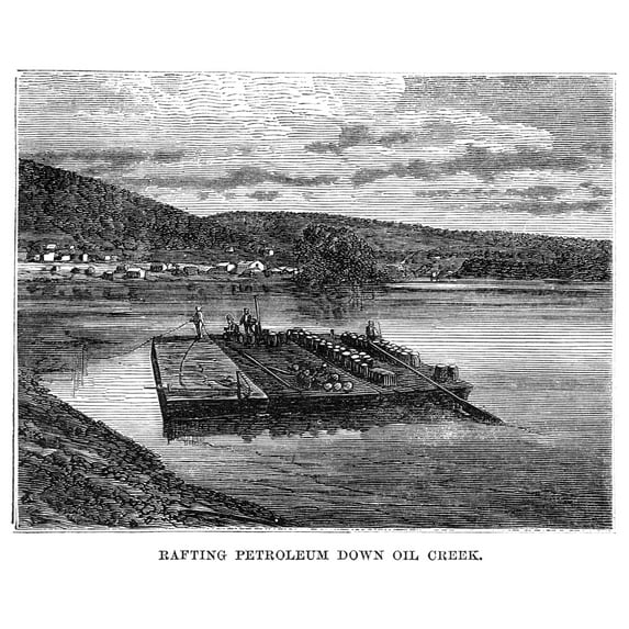 Pennsylvania Oil Creek. N'Rafting Petroleum Down Oil Creek' In Pennsylvania. Wood Engraving American 1871. Print by