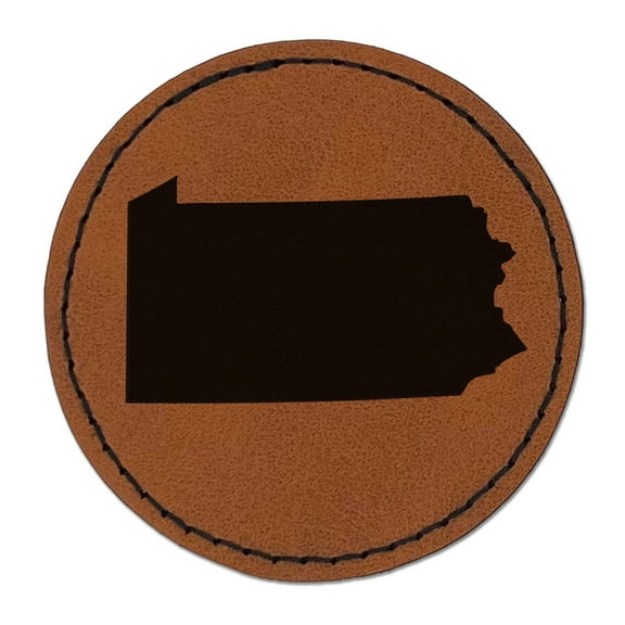 Pennsylvania State Silhouette 2.5" Faux Leather Round Engraved Iron-On Patch - Brown