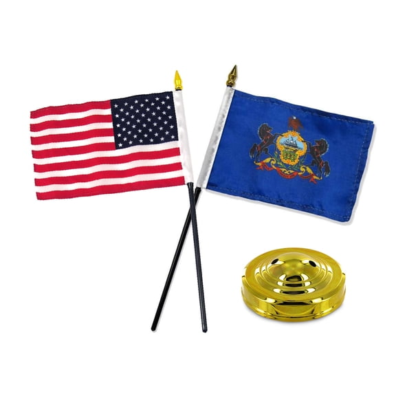 Pennsylvania State w/ USA America American Flag 4"x6" Desk Set Table Gold Base