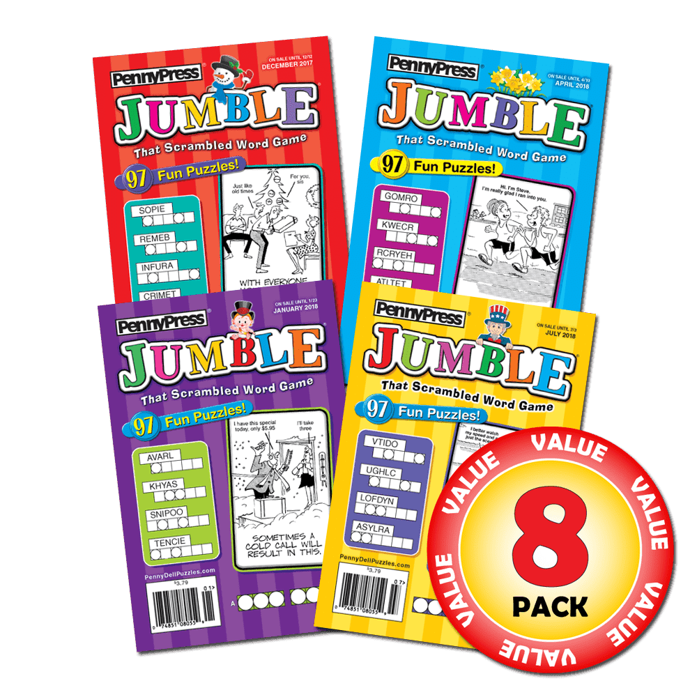 Penny dell jumble puzzle 8-pack, over 700 scrambled word puzzles, cartoon  hints - walmart.com