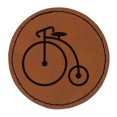 thumbnail image 1 of Penny Farthing Bicycle Bike Old Fashioned Victorian 2.5" Faux Leather Round Engraved Iron-On Patch - Brown, 1 of 6