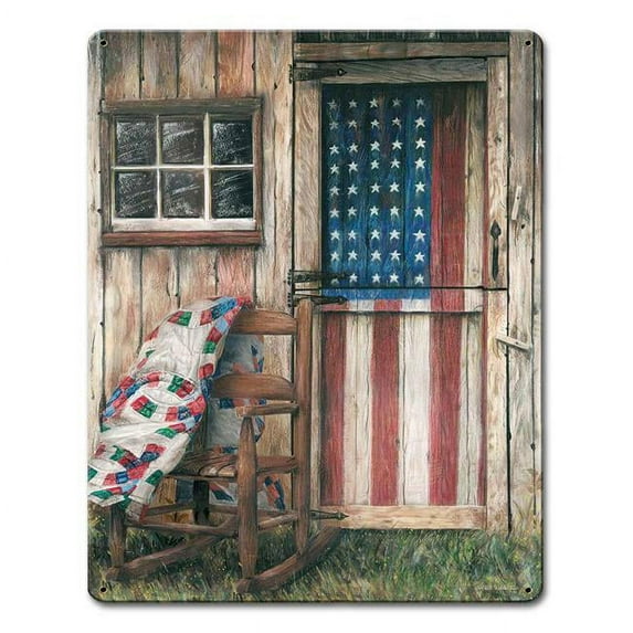 Penny Lane LANE212 12 x 15 in. American Flag Rocking Chair Satin Metal Sign
