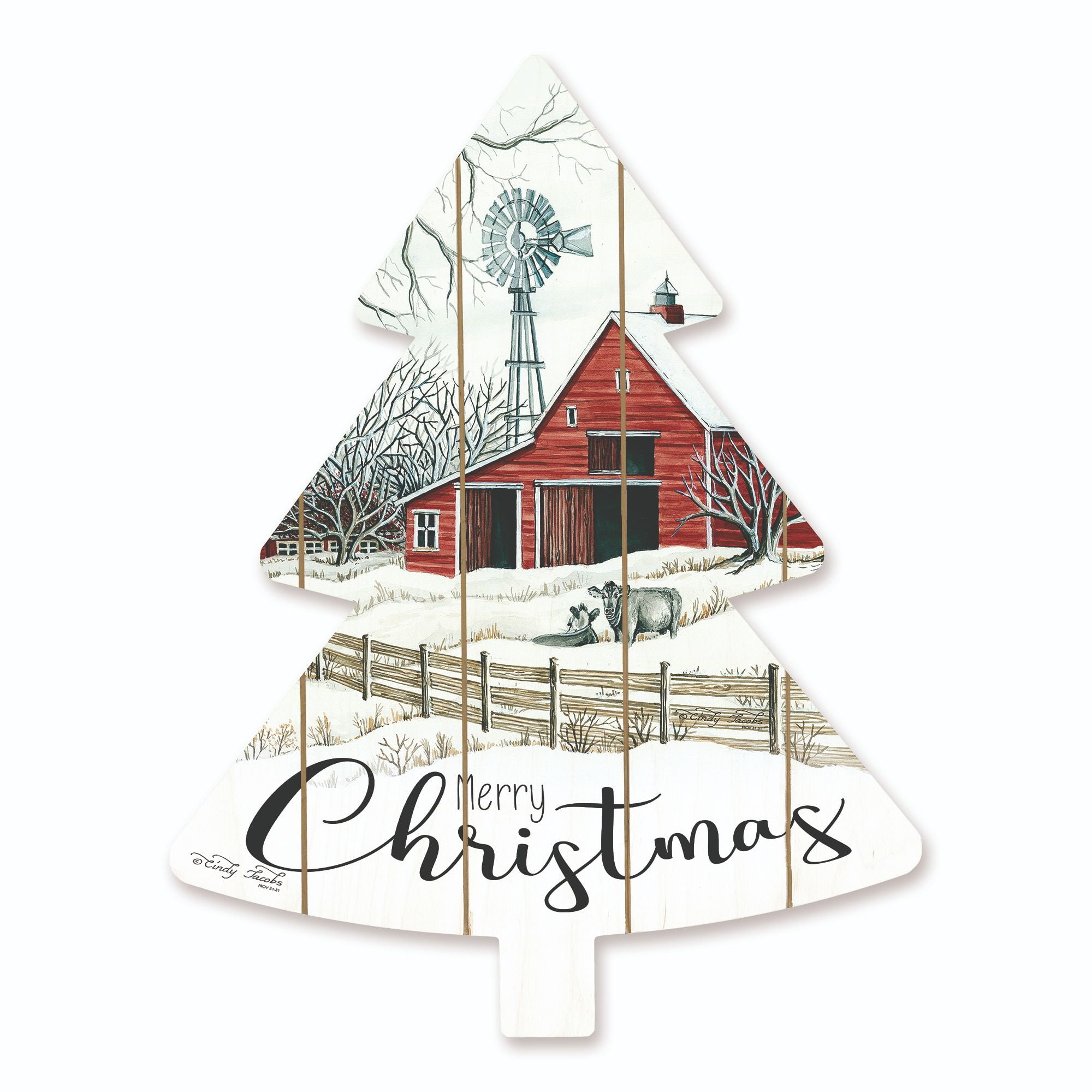 18" White and Red Barn Merry Christmas Wooden Tree Wall Decor