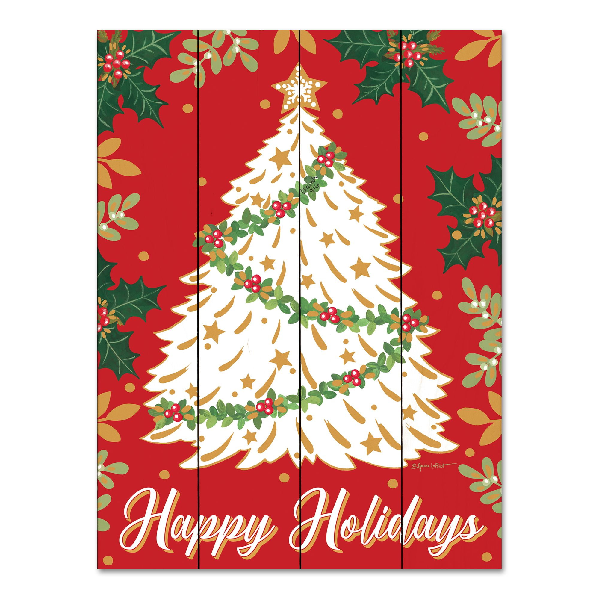 Festive Red and White Christmas Tree Wooden Wall Art Decor 16" x 12"