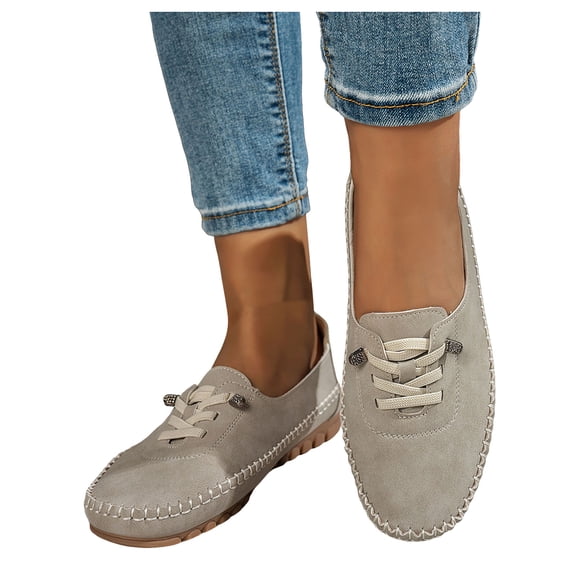 Penny Loafers for Women Round Toe Stitching Suede Lace up Casual Orthopedic Walking Shoes Comfy Arch Support Flat Shoes Antislip Moccasin Driving Shoes Beige Size 8.5