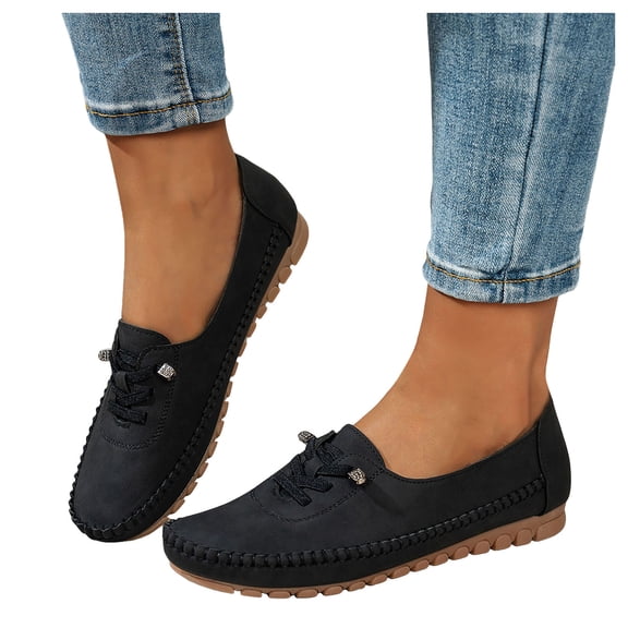 Penny Loafers for Women Round Toe Stitching Suede Lace up Casual Orthopedic Walking Shoes Comfy Arch Support Flat Shoes Antislip Moccasin Driving Shoes Black Size 6.5