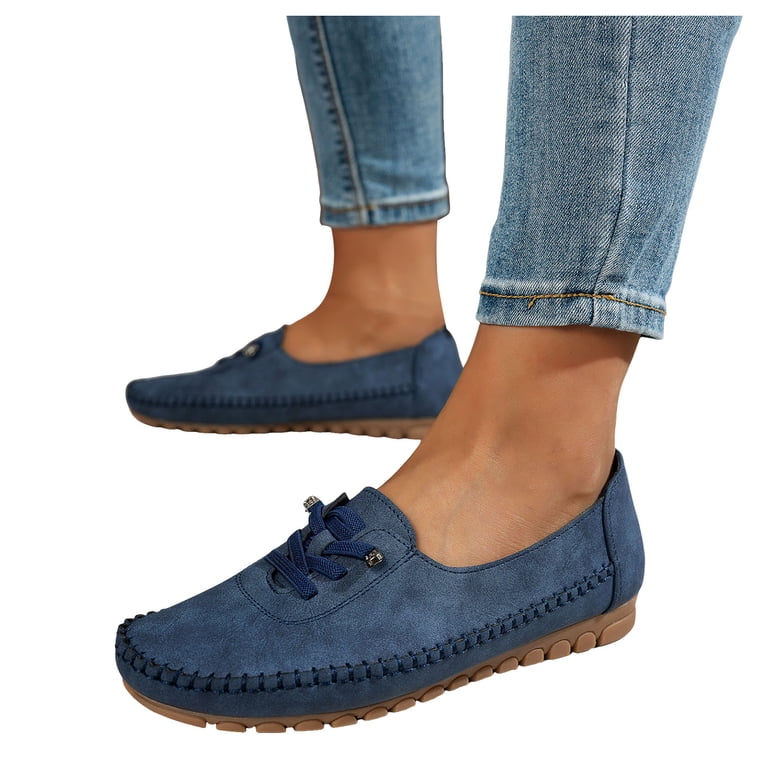 Penny Loafers for Women Round Toe Stitching Suede Lace up  display picture 1
