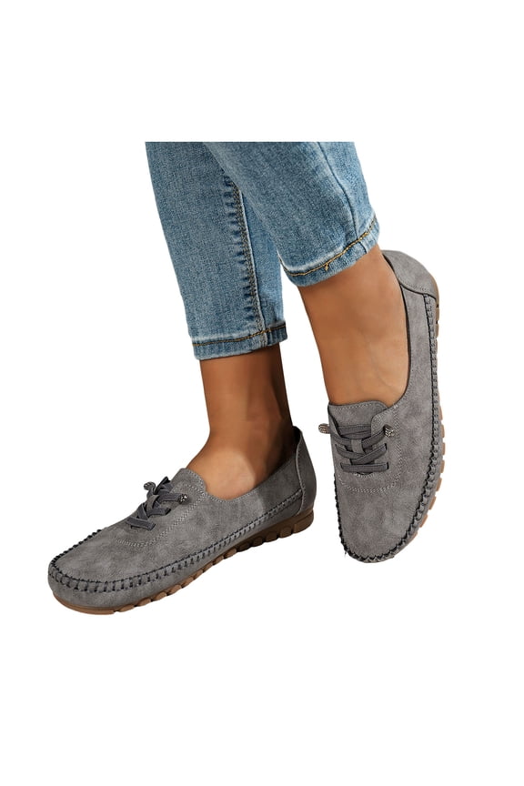 Penny Loafers for Women Round Toe Stitching Suede Lace up Casual Orthopedic Walking Shoes Comfy Arch Support Flat Shoes Antislip Moccasin Driving Shoes Grey Size 8.5