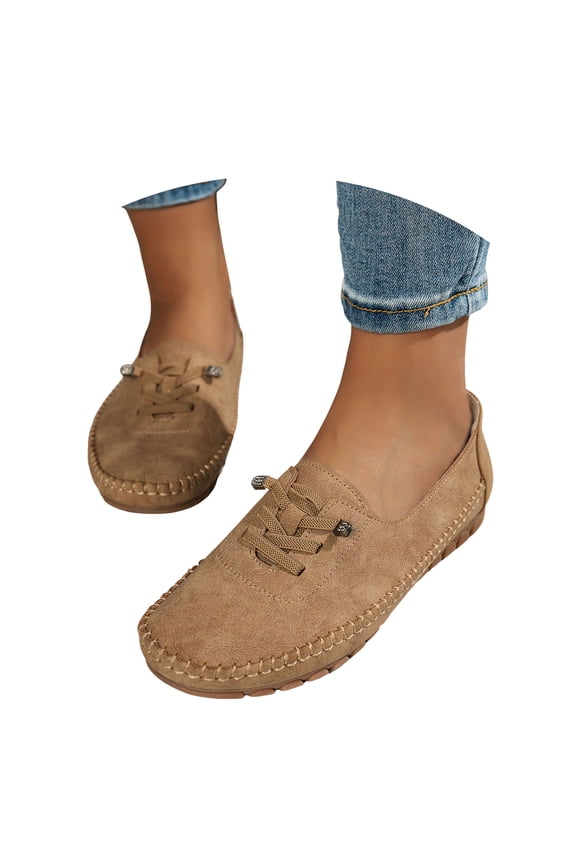 Penny Loafers for Women Round Toe Stitching Suede Lace up Casual Orthopedic Walking Shoes Comfy Arch Support Flat Shoes Antislip Moccasin Driving Shoes Khaki Size 8.5