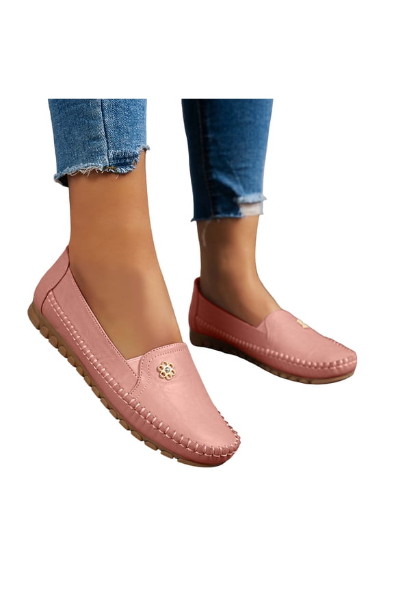 Penny Loafers for Women Comfy Orthopedic Walking Shoes Trendy Stitching Round Toe Slip on Moccasin Antislip Driving Shoes Pink Size 7