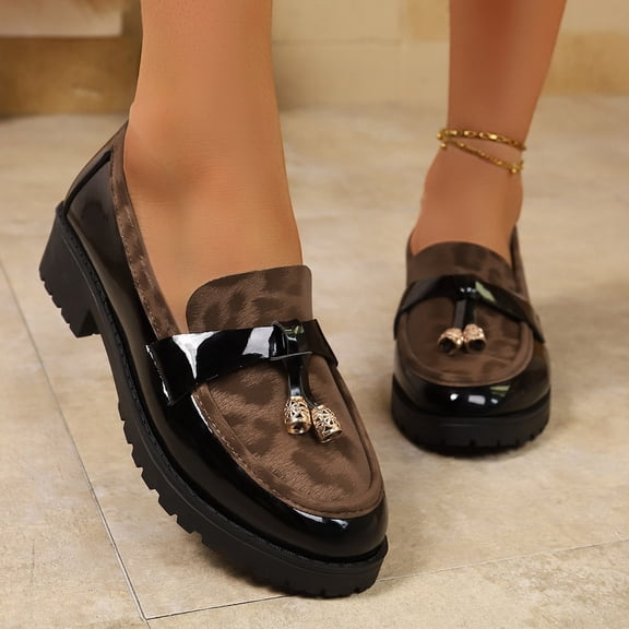 Penny Loafers for Women Elegant Leopard Print Low Heel Casual Office Work Dress Shoes Round Toe Lug Sole 2026 Fashion Ladies Footwear