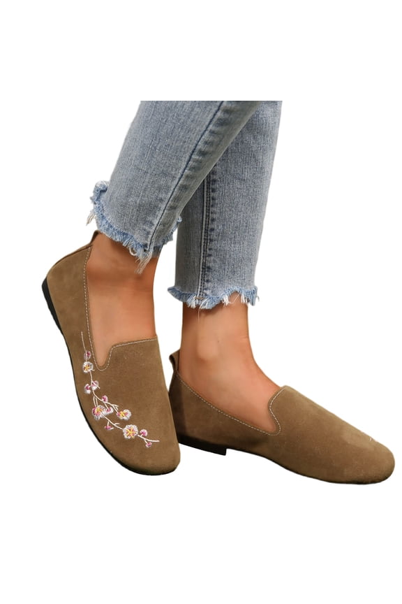 Penny Loafers for Women Floral Embroidery Low Top Flat Shoes Lightweight Wide Toe Box Casual Walking Shoes Brown Size 8.5