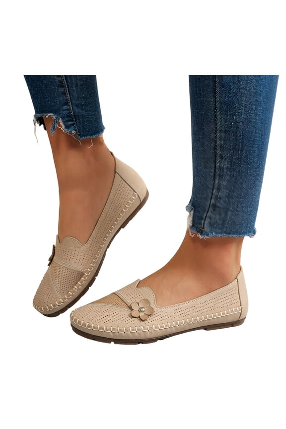 Penny Loafers for Women Hollow out Slip on Flat Shoes Fashion V Cut Round Toe Casual Moccasins Outdoor Travel Walking Driving Shoes Beige Size 7