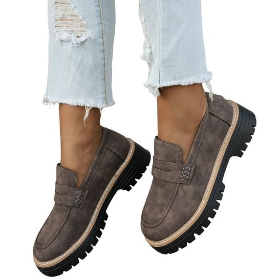 Penny Loafers for Women Round Toe Classic PU Leather Slip on Dressy Shoes Lug Sole Low Heel Business Casual Shoes Coffee Size 9.5