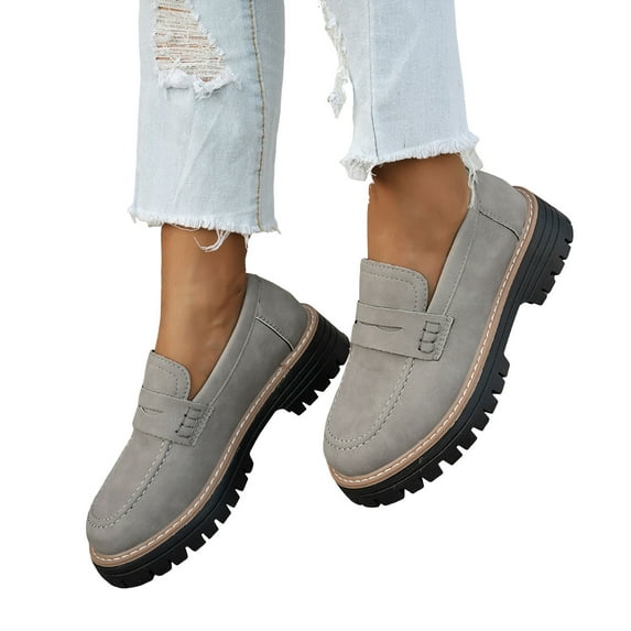 Penny Loafers for Women Round Toe Classic PU Leather Slip on Dressy Shoes Lug Sole Low Heel Business Casual Shoes Gray Size 9