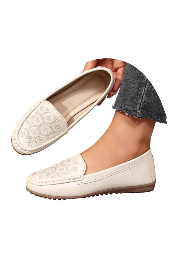 Penny Loafers for Women Round Toe Retro Pattern Slip on Moccasins Comfortable Driving Walking Shoes for Outdoor Travel White Size 9.5