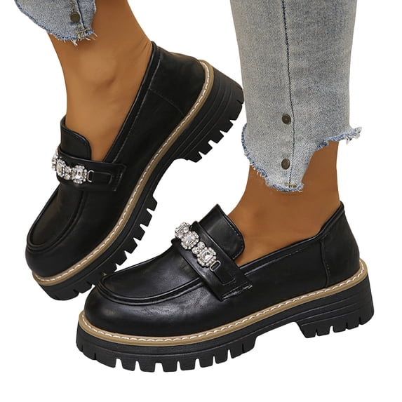 Penny Loafers for Women Sparkly Rhinestone Chain Chunky Lug Sole Heeled Casual Dress Shoes Slip on Walking Shoes Black Size 8.5