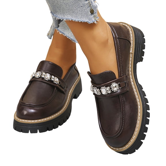 Penny Loafers for Women Sparkly Rhinestone Chain Chunky Lug Sole Heeled Casual Dress Shoes Slip on Walking Shoes Brown Size 5