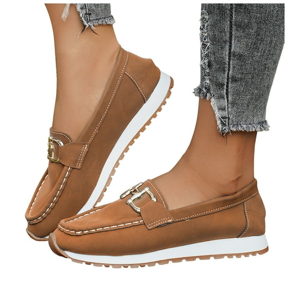 Penny Loafers for Women Trendy Metal Chain Slip on Moccasins Driving Shoes Casual Nonslip Flat Walking Shoes Brown Size 6.5