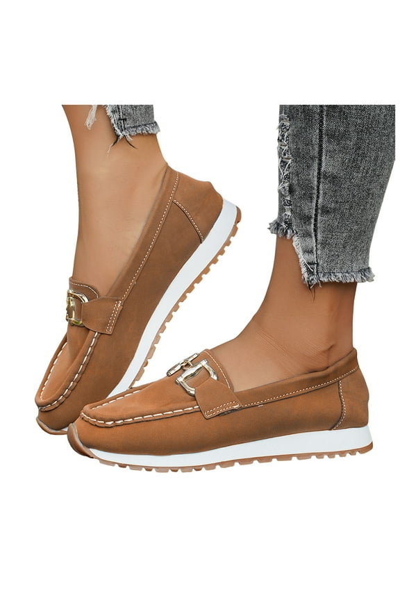 Penny Loafers for Women Trendy Metal Chain Slip on Moccasins Driving Shoes Casual Nonslip Flat Walking Shoes Brown Size 9