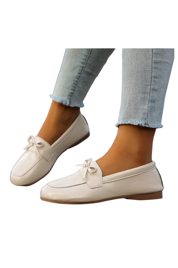 Penny Loafers for Women Vintage Leather Solid Color Casual Bowtie Round Toe Flat Driving Shoes Slip on Dressy Shoes White Size 7
