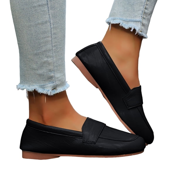 Penny Loafers for Women Wide Toe Box Soft Leather Casual Slip on Flat Shoes Fashion Solid Color Nonslip Walking Shoes Black Size 9