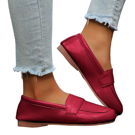 Penny Loafers for Women Wide Toe Box Soft Leather Casual Slip on Flat Shoes Fashion Solid Color Nonslip Walking Shoes Red Size 8.5