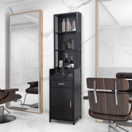 Pennynana Beauty Barber Station Storage Salon Cabinet with Drawers, Shelves, 3 Hair Dryer Holders, Black