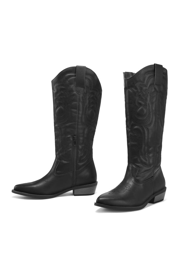 Pennysue Cowboy Boots For Women Black Knee High Western Cowgirl Boots Snip Toe Side Zipper Chunky Heel Size 10