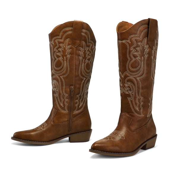 Pennysue Cowboy Boots For Women Brown Knee High Western Cowgirl Boots Snip Toe Side Zipper Chunky Heel Size 6