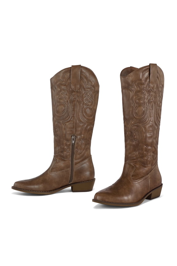 Pennysue Cowboy Boots For Women Dark Brown Knee High Western Cowgirl Boots Snip Toe Side Zipper Chunky Heel Size 10