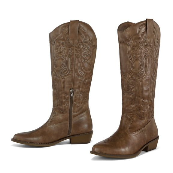 Pennysue Cowboy Boots For Women Dark Brown Knee High Western Cowgirl Boots Snip Toe Side Zipper Chunky Heel Size 7
